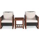 Two beige cushioned patio wicker chairs with a wooden coffee table, perfect for outdoor relaxation in your garden or.