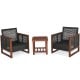 Two black wicker chairs with a wooden frame and a coffee table, perfect for outdoor patio relaxation.