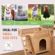 Wooden dog house with stairs and raised balcony, ideal for small pets like puppies and cats, easy to assemble.
