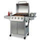 5-burner propane gas grill with side burner, stainless steel design, and 2 prep tables for outdoor cooking convenience.