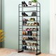 10-tier free-standing metal frame shoe rack displaying various shoes, ideal for hallway or entryway storage.