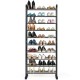 10-tier free-standing metal frame shoe rack displaying various shoes, ideal for hallway or entryway organization.