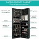 Large black jewelry cabinet featuring 36 necklace hooks, 108 earring slots, and 91 ring slots for organized storage.