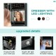 Multipurpose storage cabinet in black with LED lighting, full-length mirror, and ample jewelry and cosmetic storage.