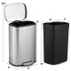 Stainless steel 13.2-gallon trash can with a removable bucket, pedal operation, and noiseless lid for easy waste.