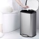 Stainless steel 13.2-gallon trash can with a plastic bucket, pedal operation, and noiseless lid for bathroom use.