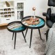 Set of 2 nesting end tables with black steel legs and unique wooden tray tops, perfect for modern living spaces.