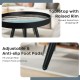 Stylish nesting end tables with wooden tray tops and black steel legs, featuring raised rims and adjustable foot pads.