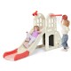 Large kids' slide playset in pink with basketball hoop, climber, and tunnel for indoor and outdoor fun.