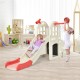 Kids playing on a 6-in-1 large slide playset with basketball hoop, featuring a long slide and climbing panel in pink.
