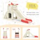 Large pink 6-in-1 slide playset for kids with climber, basketball hoop, and tunnel, suitable for indoor and outdoor fun.