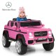 Pink licensed Mercedes-Benz kids ride-on car with LED lights, parental remote, and spring suspension for smooth driving.