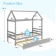 Kids platform bed frame with roof in gray, featuring solid wood structure and dual bed design for sleepovers.