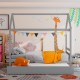 Kids platform bed frame with roof in gray, featuring a house shape design, ideal for children's bedrooms and sleepovers.