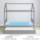 Kids platform bed frame in gray with roof, designed for dual sleeping, featuring recommended mattress thickness for.