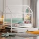 Kids platform bed frame with roof in white, featuring a dual bed design and solid wood structure for children's.