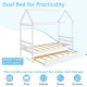 Kids platform bed frame with roof in white, featuring a dual bed design and mobile trundle for bedroom practicality.