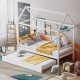 Kids platform bed frame in white with house-shaped roof, featuring a trundle for sleepovers and solid wood structure.