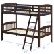 Solid wood twin bunk bed in coffee finish with detachable ladder, featuring guardrails and space-saving design for.