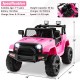 Side view of the pink 12V kids ride-on truck with remote control, showcasing its spacious interior and safety seat belt.