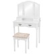 Cushioned stool with floral design, complementing the white vanity set's elegant style and providing comfort for makeup.