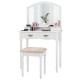 Vanity set with tri-fold mirror, white MDF, four drawers, and cushioned stool, ideal for bedroom makeup organization.
