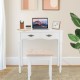 White vanity set with tri-fold mirror and cushioned stool, featuring four storage drawers for cosmetics and accessories.
