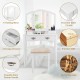 White vanity set with tri-fold mirror, four storage drawers, and cushioned stool, perfect for bedroom makeup.