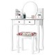 Makeup vanity table set in white with oval mirror, 4 drawers, and cushioned floral stool for stylish dressing.