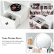 Makeup vanity table set in white with oval mirror, featuring four drawers for organized storage and a cushioned stool.