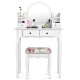 Makeup vanity table set with oval mirror, white finish, 4 drawers, and cushioned stool for girls' dressing needs.