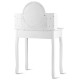 White makeup vanity table set featuring an oval mirror and four drawers, perfect for girls' cosmetics and accessories.