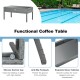 Coffee table with glass tabletop and anti-slip footpads, made of durable PE rattan for outdoor patio use.