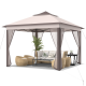 Pop-up gazebo tent with beige mesh netting, 11 x 11 feet, featuring a double-vented roof for ventilation and stability.
