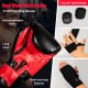 Red and black 12 oz boxing gloves with hand wraps, designed for training and injury protection in indoor workouts.