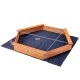 Hexagon wooden cedar sand box with seat boards, measuring 63.8" x 40", ideal for outdoor play for kids over 3 years old.