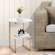 Compact 2-tier round end table with faux marble top and gold metal frame, perfect for small spaces and versatile use.
