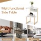 Round 2-tier side table with faux marble top and gold metal frame, perfect for small spaces in living room or bedroom.