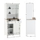 Freestanding white kitchen pantry with hutch, sliding doors, and drawers, featuring adjustable shelves for versatile.