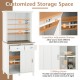 Freestanding white kitchen pantry with hutch, sliding doors, adjustable shelves, and two drawers for organized storage.