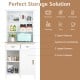 Freestanding kitchen pantry in white with sliding doors, large countertop, open shelves, and two deep drawers for.