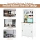 Freestanding white kitchen pantry with hutch, sliding doors, and drawers for organized storage in modern homes.