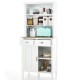 Freestanding white kitchen pantry with hutch, sliding doors, two drawers, and adjustable shelves for versatile storage.