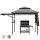 Patio BBQ grill gazebo with gray canopy, dual side awnings, and sturdy steel frame for outdoor cooking and.