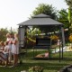 Patio BBQ grill gazebo with dual side awnings in gray, providing shade and space for outdoor cooking and gatherings.