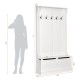 3-in-1 white entryway hall tree with coat rack, shoe bench, and bottom storage, featuring 5 hooks and anti-tipping.