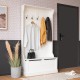 3-in-1 entryway hall tree in white featuring a shoe bench, coat rack with hooks, and bottom storage for organized.