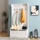 3-in-1 entryway hall tree in white featuring a shoe bench, coat rack with hooks, and bottom storage for organized space.