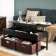 Lift top coffee table in black with drawers, featuring a raised surface for convenience and ample storage for living.