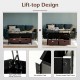 Lift-top coffee table in black with drawers, featuring a metal spring mechanism for easy access and storage convenience.